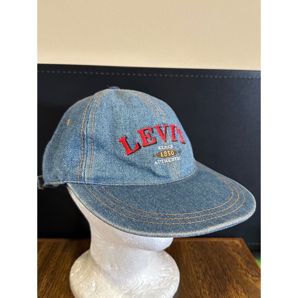 Levis Mens Vintage Denim Baseball Cap Blue Red Embroidered Logo Adjustable Hat